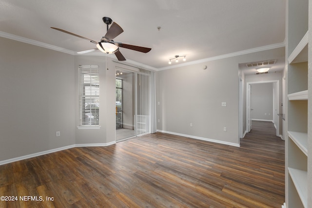 unfurnished room featuring ceiling fan, track lighting, ornamental molding, and dark wood-type flooring