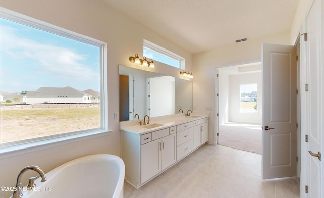 bathroom with plenty of natural light, a tub to relax in, and vanity