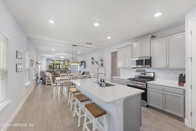 kitchen featuring a kitchen island with sink, a sink, open floor plan, appliances with stainless steel finishes, and a kitchen bar