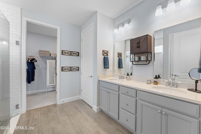 bathroom featuring a sink, baseboards, a spacious closet, wood tiled floor, and double vanity