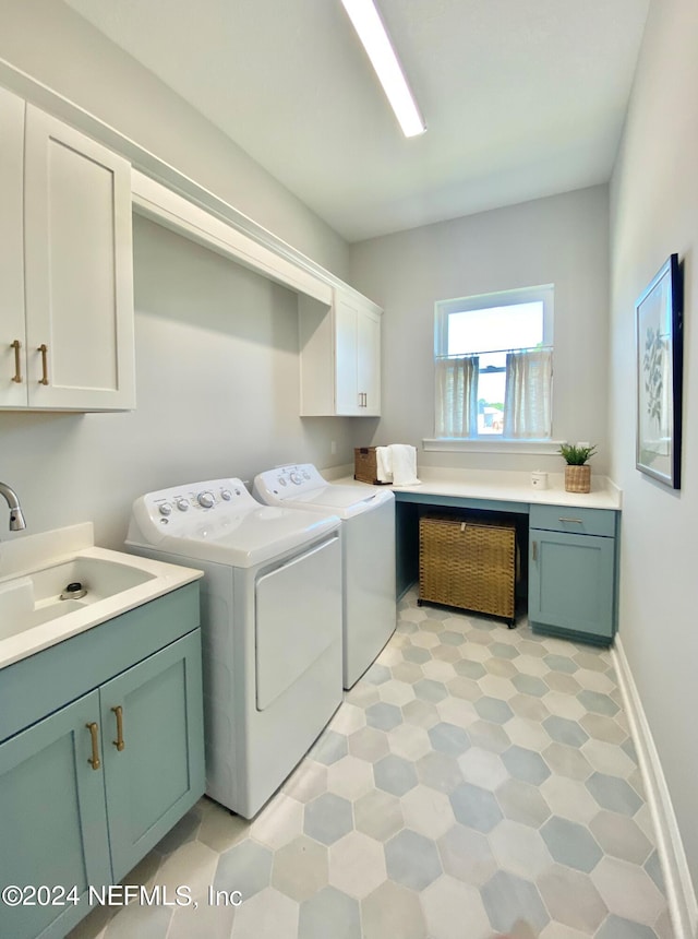 laundry room with cabinets, sink, and washing machine and dryer