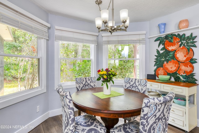 dining space featuring a textured ceiling, an inviting chandelier, and dark wood-type flooring