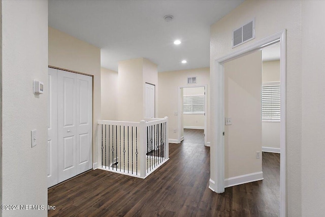 hallway featuring a healthy amount of sunlight and dark wood-type flooring