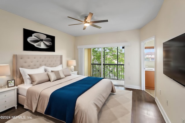 bedroom with access to exterior, hardwood / wood-style flooring, and ceiling fan