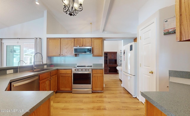 kitchen featuring sink, an inviting chandelier, lofted ceiling with beams, appliances with stainless steel finishes, and light hardwood / wood-style floors