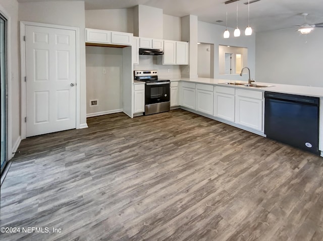 kitchen with sink, black dishwasher, white cabinetry, decorative light fixtures, and electric range