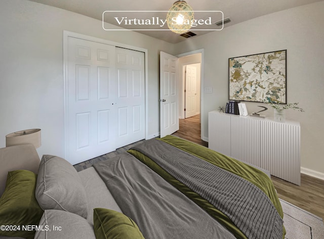 bedroom featuring dark wood-type flooring, radiator, and a closet