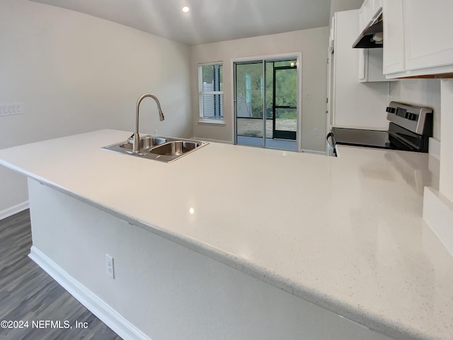 kitchen featuring stainless steel electric range oven, sink, dark wood-type flooring, kitchen peninsula, and white cabinets