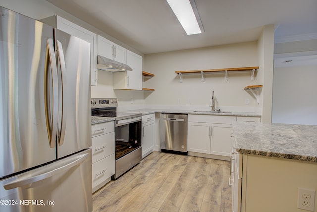 kitchen with sink, white cabinets, light wood-type flooring, and appliances with stainless steel finishes