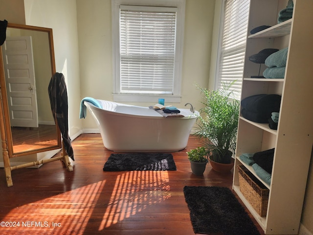 interior space featuring wood-type flooring and a bath