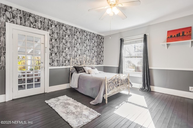 bedroom with access to outside, ornamental molding, dark hardwood / wood-style floors, and ceiling fan