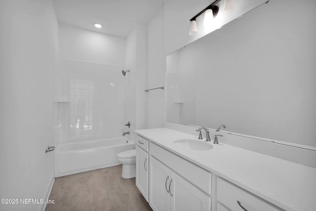 full bathroom with shower / bathing tub combination, vanity, tile patterned floors, and toilet