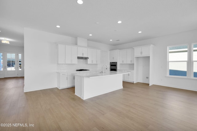 kitchen with white cabinetry, light hardwood / wood-style flooring, tasteful backsplash, and an island with sink