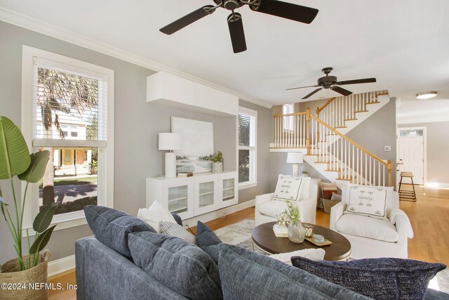 living room with crown molding and light wood-type flooring