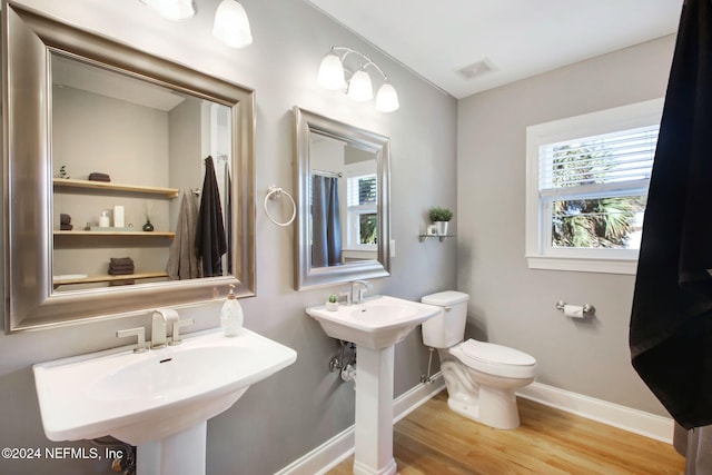 bathroom featuring hardwood / wood-style flooring, double sink, a wealth of natural light, and toilet