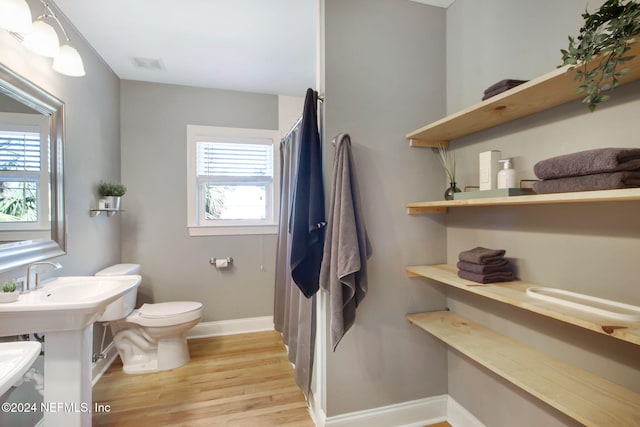 bathroom with hardwood / wood-style flooring and toilet