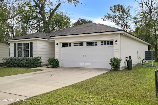 view of front of property featuring central air condition unit and a front lawn