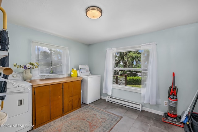 laundry area featuring cabinets, washer and dryer, and baseboard heating