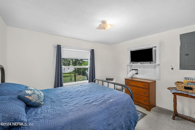 bedroom featuring light colored carpet, electric panel, and a textured ceiling