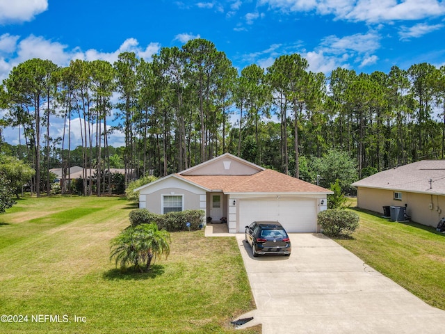 ranch-style house with a garage and a front yard