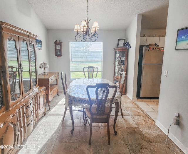 dining area featuring a wealth of natural light, a textured ceiling, and an inviting chandelier