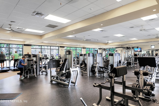 exercise room featuring a wealth of natural light, a drop ceiling, and ceiling fan