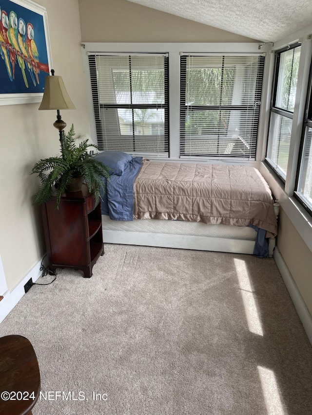 bedroom with vaulted ceiling and a textured ceiling