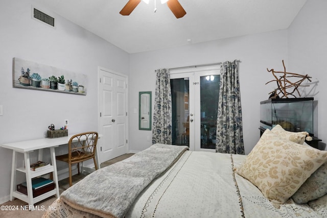 bedroom featuring baseboards, visible vents, ceiling fan, access to exterior, and french doors