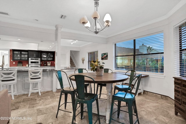 dining space featuring a notable chandelier, visible vents, stairs, ornamental molding, and stone finish flooring