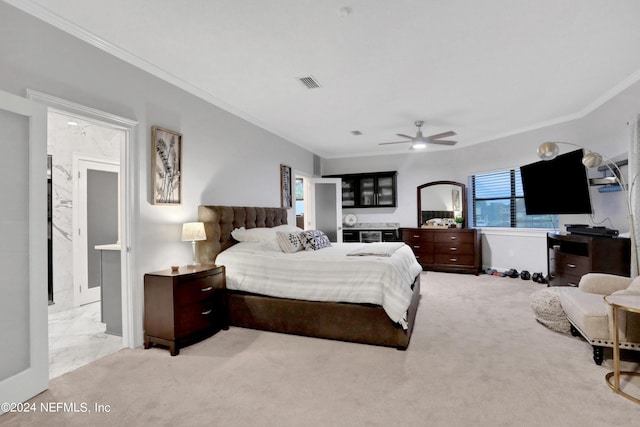 bedroom featuring carpet, visible vents, ceiling fan, and crown molding