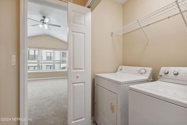 clothes washing area with carpet, ceiling fan, and washing machine and dryer