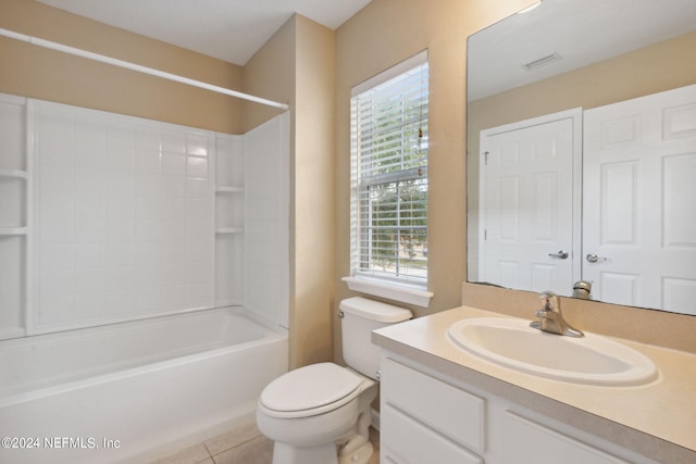 full bathroom with toilet, shower / tub combination, vanity, and tile patterned floors