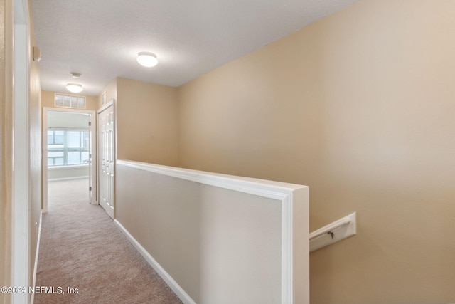 hallway with light colored carpet