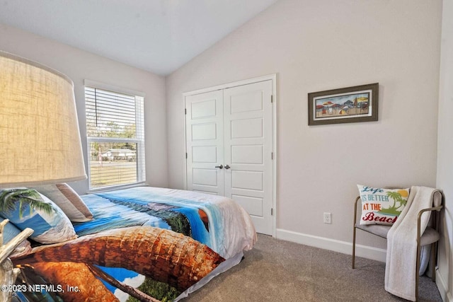 bedroom featuring lofted ceiling, carpet floors, and a closet