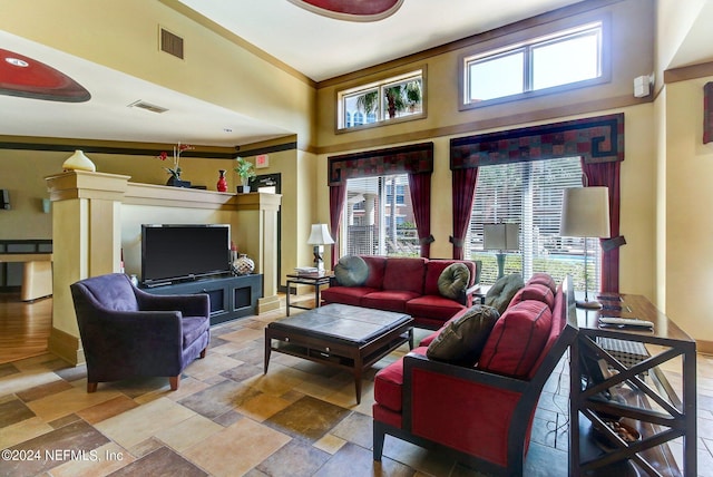 living room featuring a towering ceiling