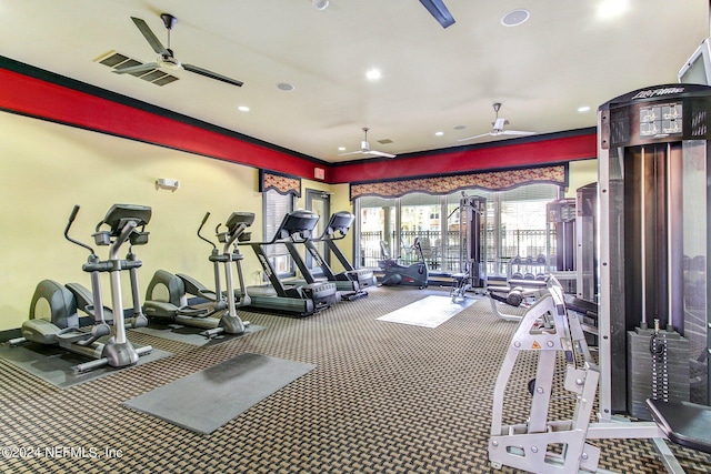 workout area featuring ceiling fan