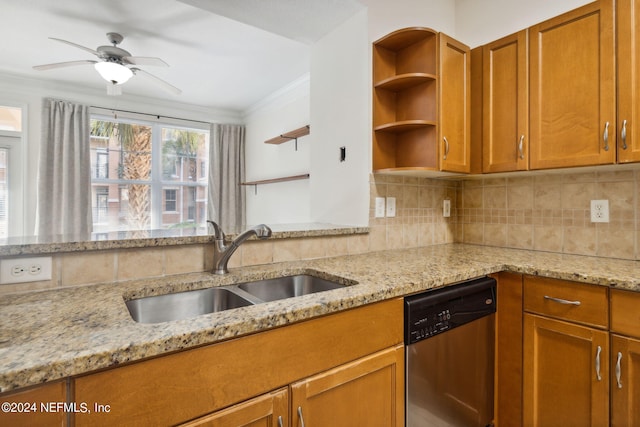 kitchen featuring tasteful backsplash, light stone counters, ornamental molding, sink, and dishwasher