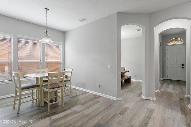 dining area with a healthy amount of sunlight, a textured ceiling, and light wood-type flooring