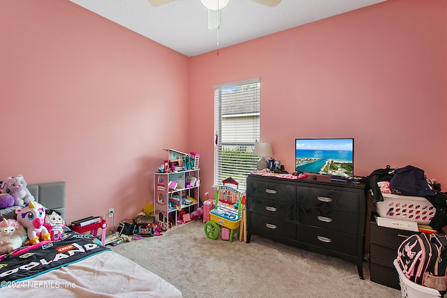 carpeted bedroom with ceiling fan