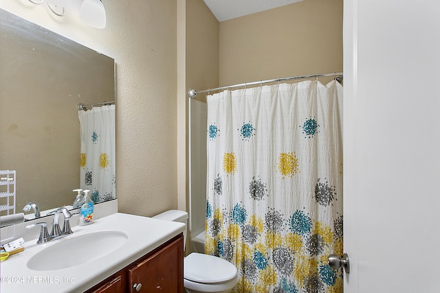 full bathroom with vanity, toilet, and shower / bathtub combination with curtain