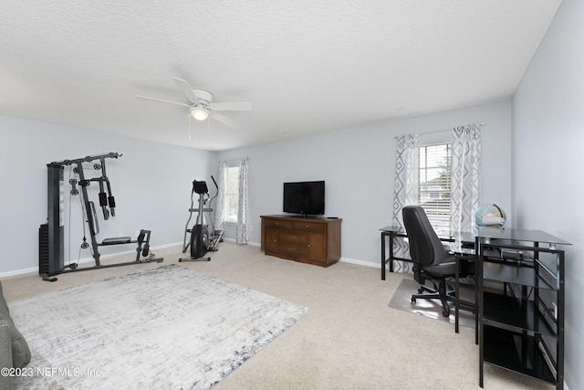 office area featuring a textured ceiling, ceiling fan, and carpet