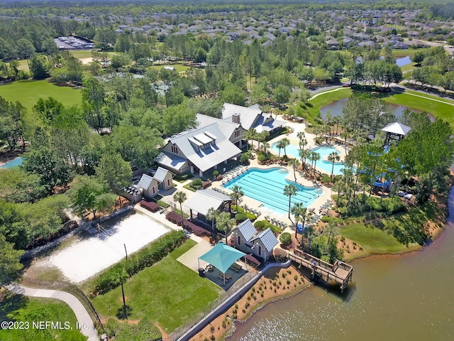 birds eye view of property featuring a water view