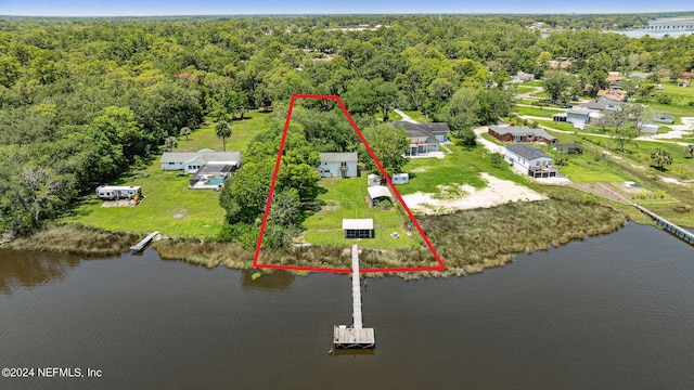 birds eye view of property with a forest view and a water view