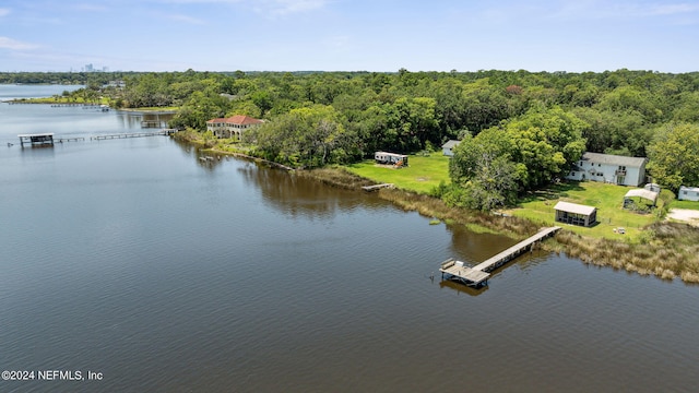 birds eye view of property featuring a water view and a forest view