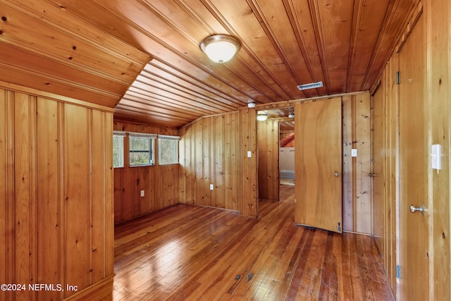 unfurnished room with hardwood / wood-style flooring, wooden ceiling, and wood walls