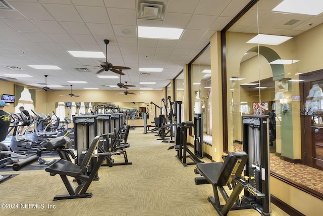 exercise room featuring a paneled ceiling and light colored carpet