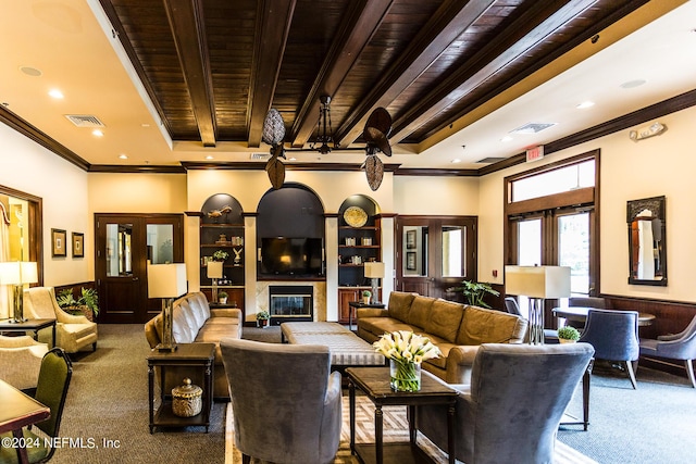 11789 Surfbird Cir Unit 6F, Jacksonville, FL 32256 - living room featuring visible vents, a large fireplace, ornamental molding, and carpet flooring