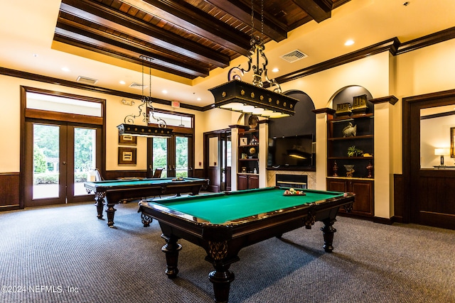 game room featuring beamed ceiling, billiards, crown molding, carpet, and french doors