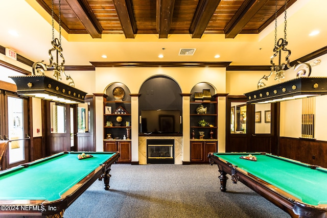 game room featuring pool table, wood ceiling, and a tiled fireplace