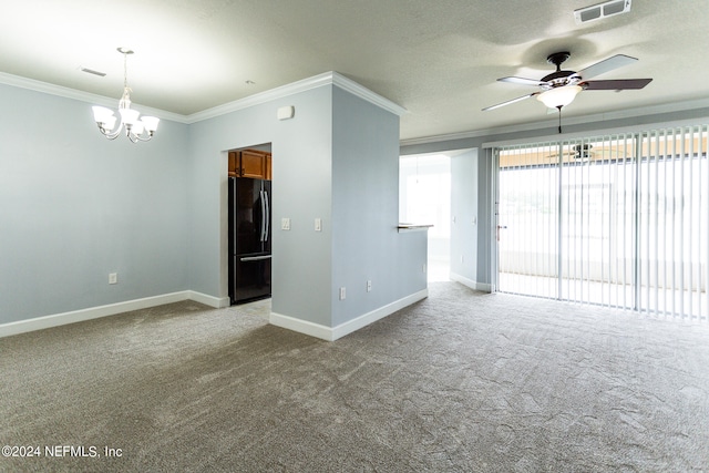 carpeted spare room with ceiling fan with notable chandelier, ornamental molding, and a textured ceiling